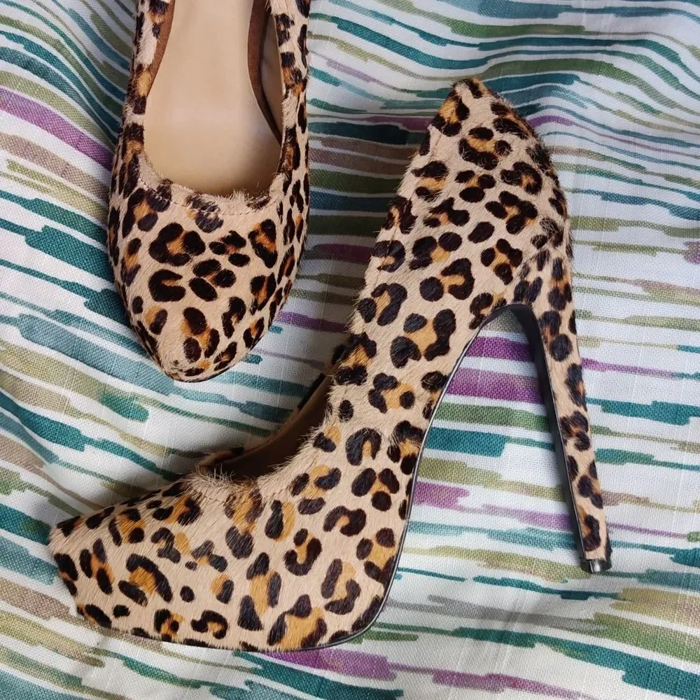 Kelsi Dagger 'Brette' Leopard Print Calf Hair Leather Platform Stiletto Sz 6